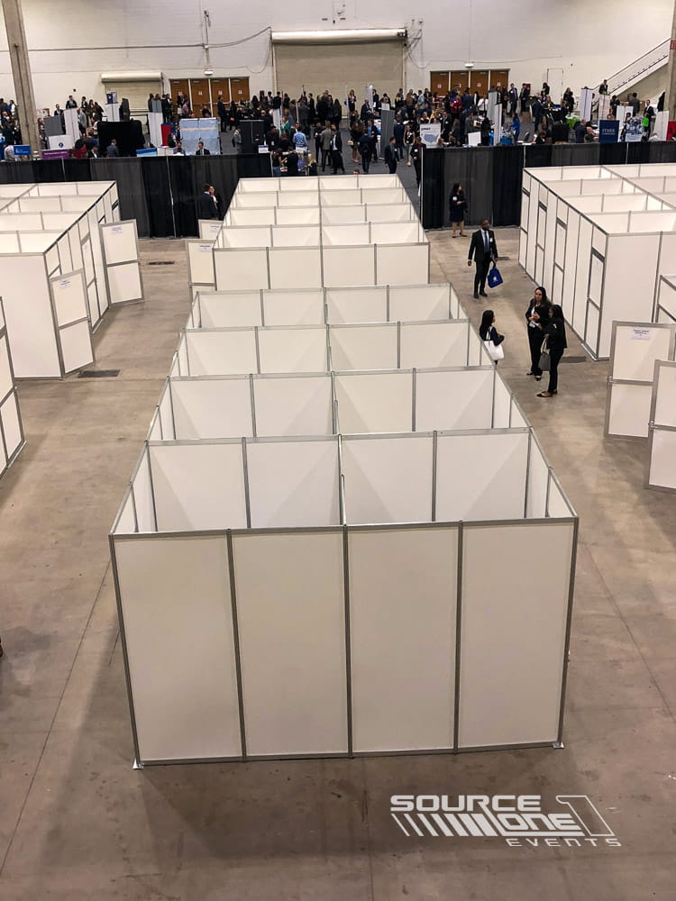 Custom hard-wall meeting room installation with enclosed interview spaces and premium modular construction for recruiting events.