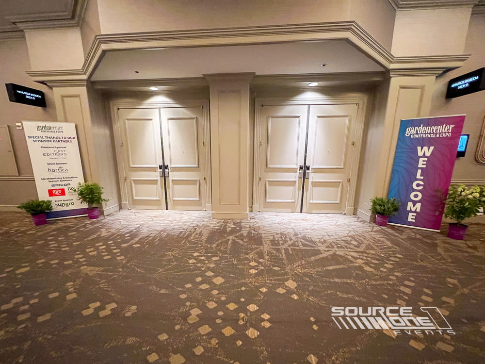 Freestanding welcome banner for attendees entering the Garden Center Expo.