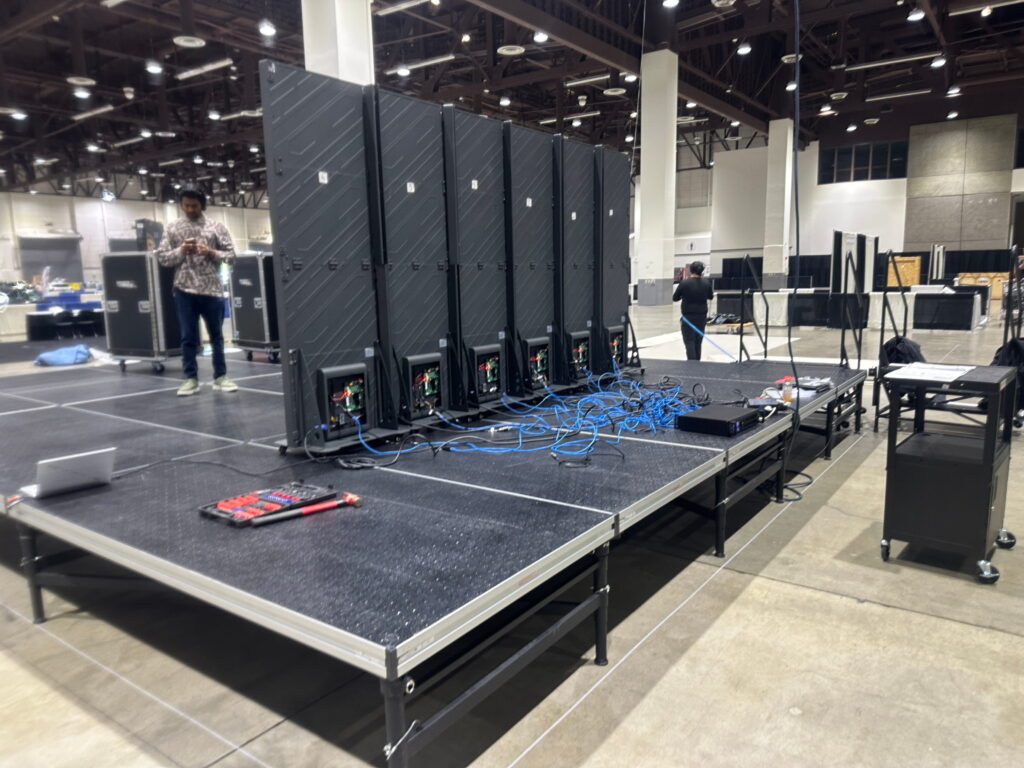 Rear view of modular LED display wall installation