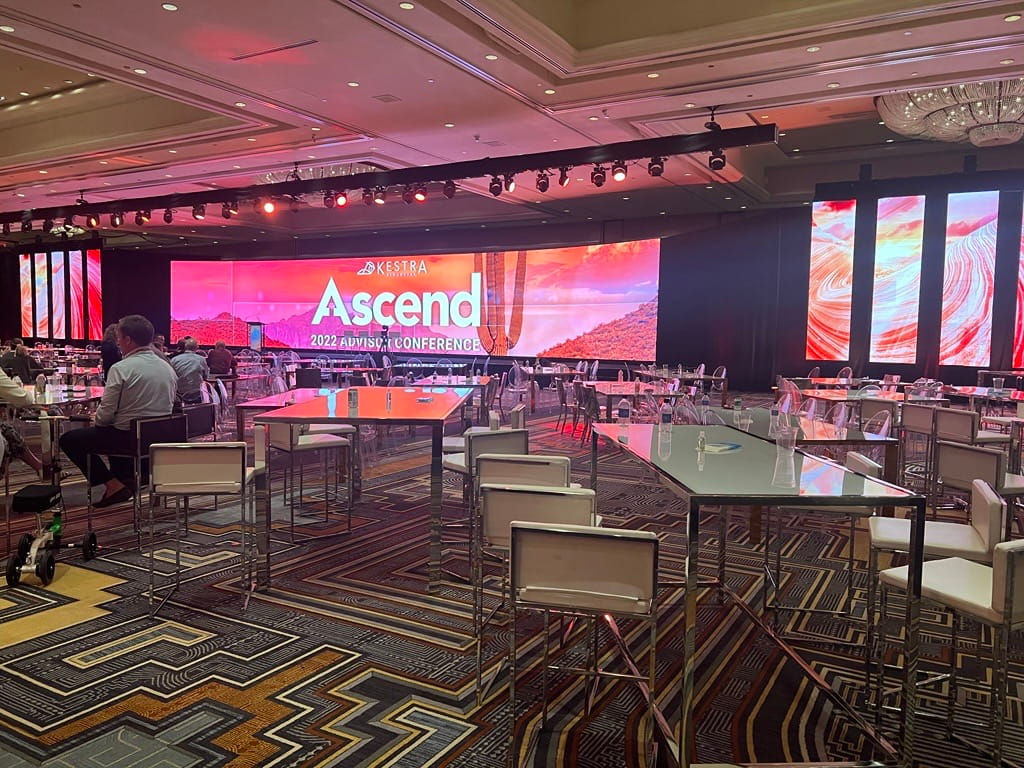 Corporate awards event stage design with LED screens and event production