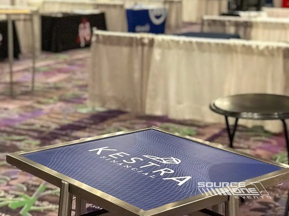 Custom branded furniture created for a conference lounge or networking area.