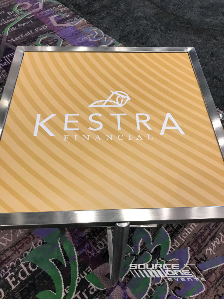 Custom tabletop graphic featuring Kestra branding for attendee engagement.