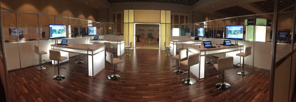 Luxury hospitality entrance and registration area for executive conference event