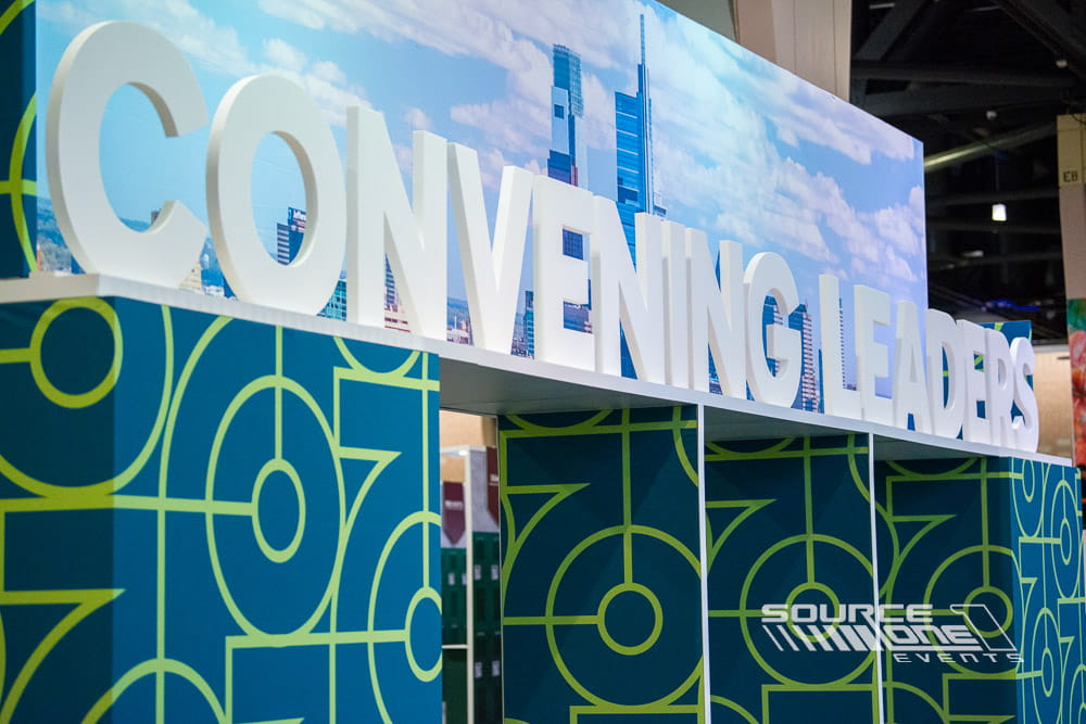 Large three-dimensional "Convening Leaders" entrance display welcoming conference attendees.