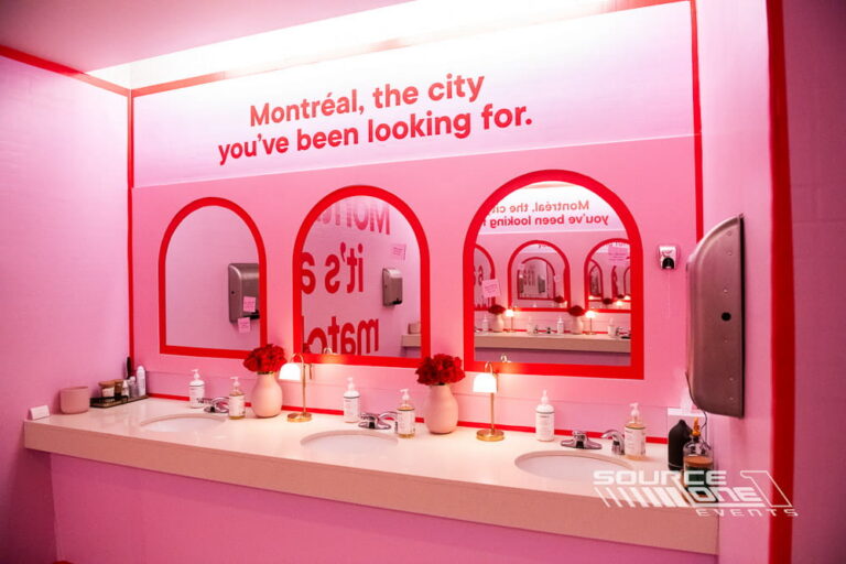 Convention center restroom transformed with custom environmental graphics and immersive event branding.