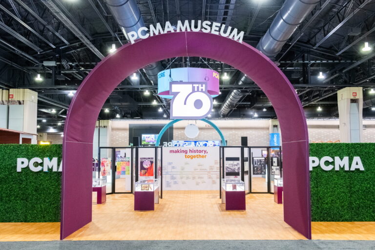 Museum-inspired experiential exhibit entrance with custom architectural elements