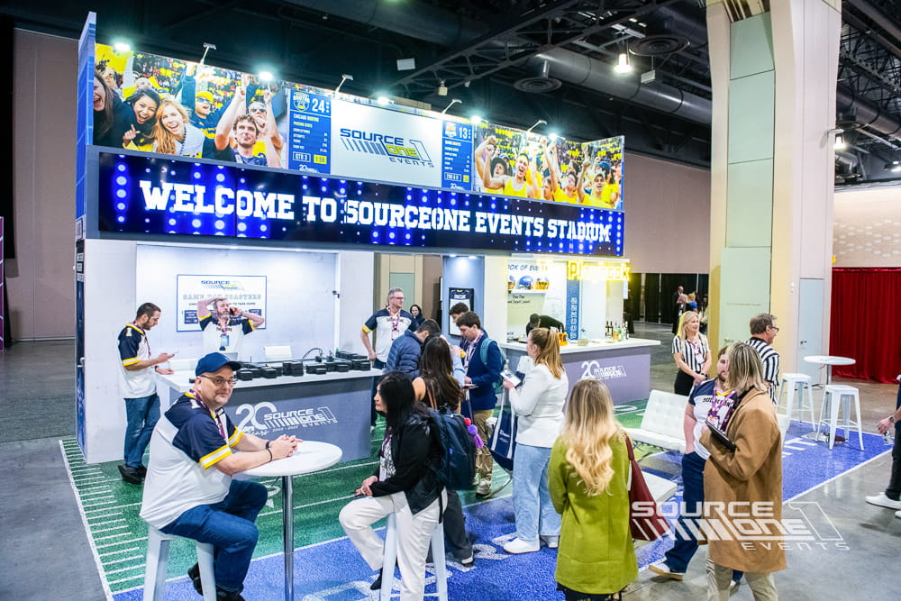 Source One Events custom trade show booth showcasing exhibit design, environmental graphics, and attendee engagement solutions.