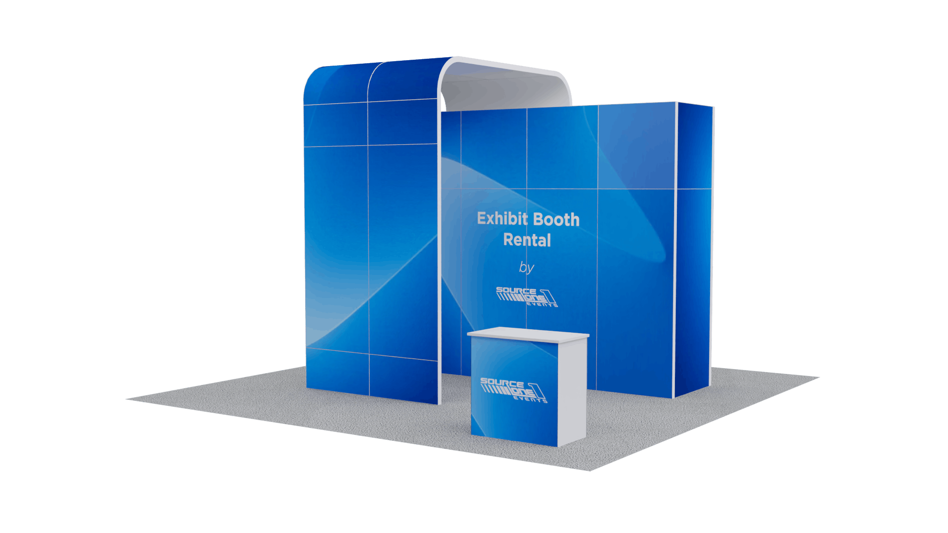 Portable modular exhibit rental package with blue branded panels, reception counter, and compact trade show display solution.