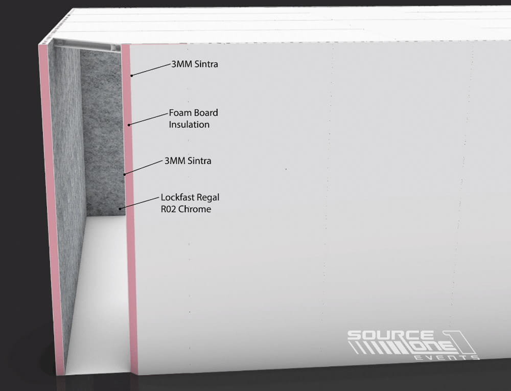 Freestanding modular hard-wall exhibit construction demonstrating premium wall systems used for custom trade show environments and branded event spaces.